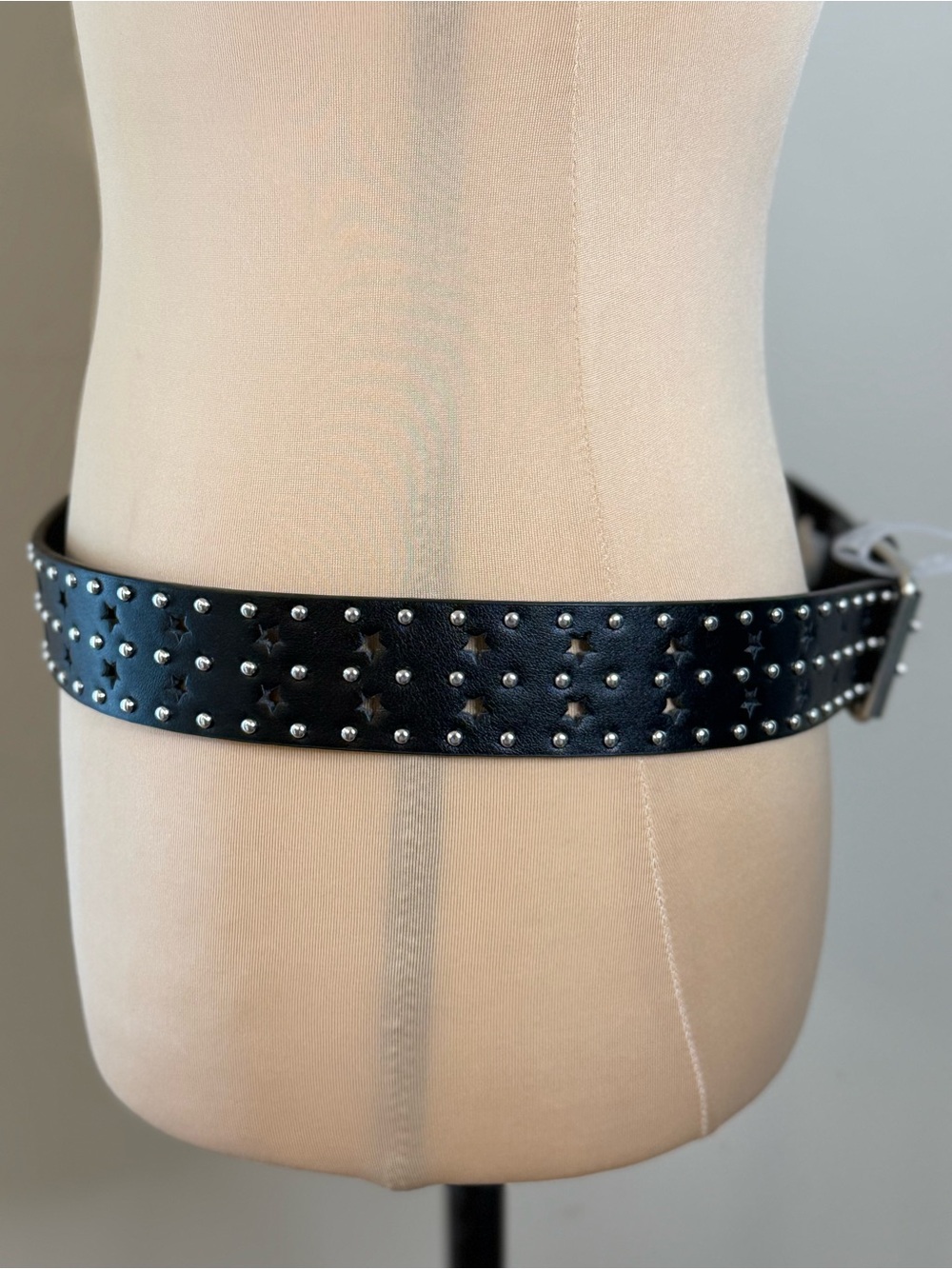 Faux leather black belt star cutout silver studded western style 42” - Picture 2 of 15